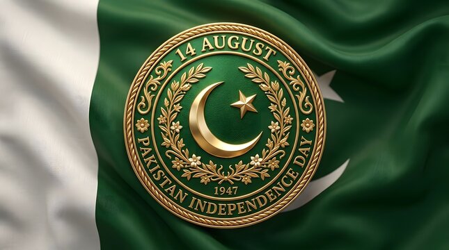 Pakistan independence day 14 august 1947 golden emblem with crescent and star on green flag background