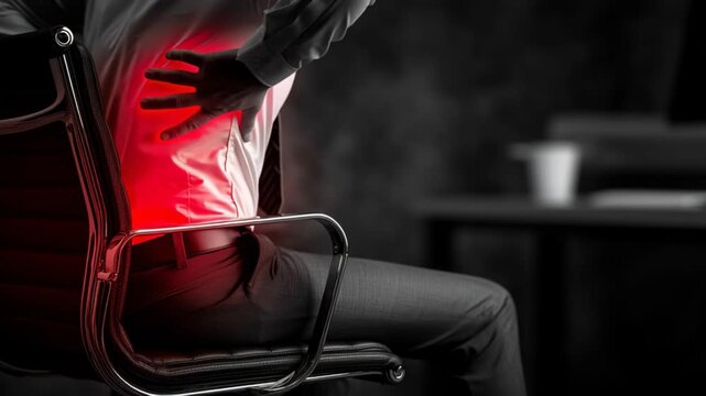 Office worker holding lower back in pain while sitting at a desk chair, highlighting poor ergonomics, workplace injury, spinal strain, sedentary lifestyle, and occupational health risks.