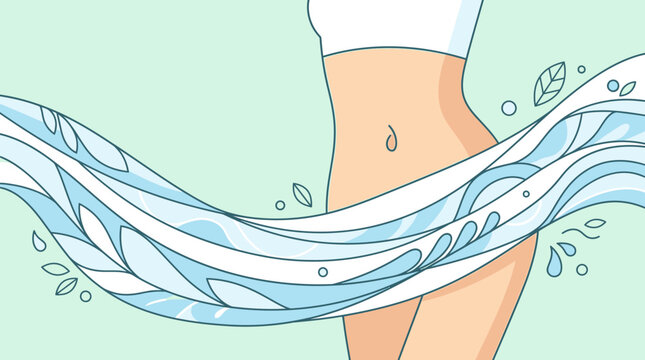 Illustration vectorielle d'un corps f&eacute;minin mince entour&eacute; de vagues d'eau fluides et de feuilles, symbolisant la fra&icirc;cheur, l'hydratation, le bien-&ecirc;tre et les soins de la peau naturels.