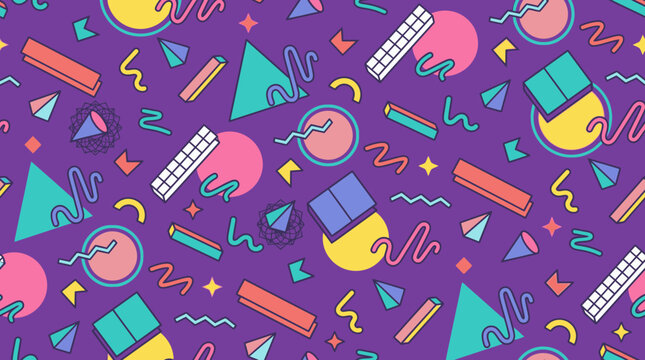 Motivo senza cuciture in stile Memphis con forme geometriche colorate, triangoli, cerchi e linee ondulate su uno sfondo viola vibrante per un design retr&ograve; anni '80 e '90.