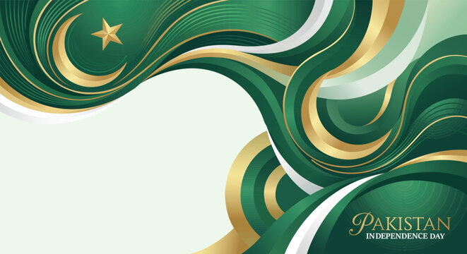 A vibrant green and gold abstract design celebrating Pakistan Independence Day