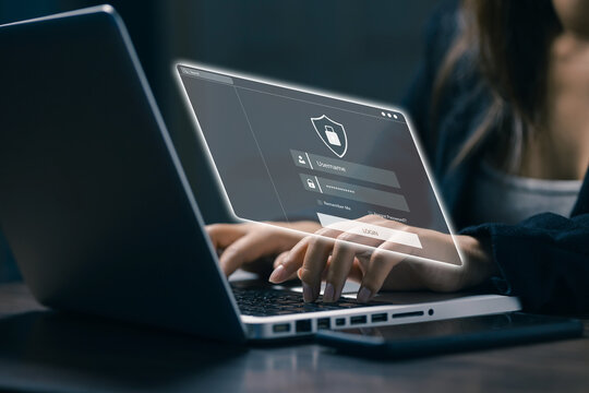 Secure login authentication interface displayed above a laptop, representing cybersecurity, user verification, password protection, online privacy, digital identity, and safe access technology.