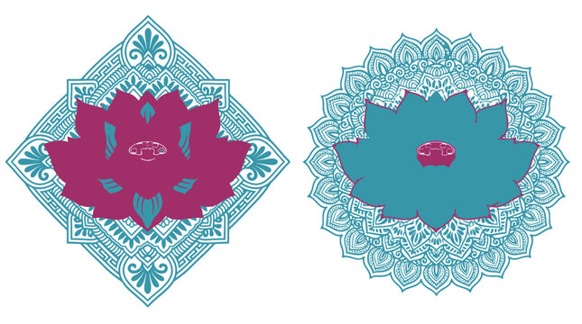 Ensemble d'ornements d&eacute;coratifs avec des motifs de fleurs de lotus stylis&eacute;es et des cadres g&eacute;om&eacute;triques complexes dans un style mandala &eacute;l&eacute;gant sur fond blanc