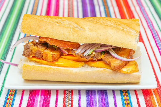 Sandwich with crispy pork, red onions, and yellow sauce on a baguette on a white plate over a vibrant striped cloth.