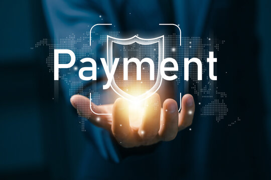 Secure online payment protection concept featuring a digital shield over global financial services, symbolizing transaction security, banking protection, fintech innovation, encrypted payments.