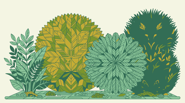 Ilustracja stylizowanych krzew&oacute;w i roślin o geometrycznych kształtach w odcieniach zieleni i ż&oacute;łci na tle w kolorze kremowym.
