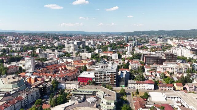 Establishing Drone Shot of Banja Luka, Bosnia and Herzegovina on Sunny Summer Day