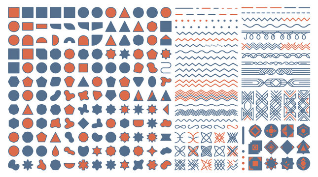 Eine Sammlung von geometrischen Formen und Mustern in Blau und Orange, die f&uuml;r Designzwecke verwendet werden k&ouml;nnen.