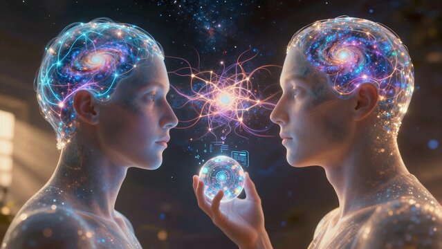 Two translucent figures face each other with galaxies inside their heads, exchanging glowing neural energy in a digital void.