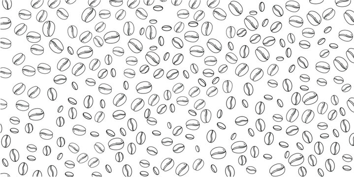 A minimalist illustration of numerous coffee beans scattered across a clean white background