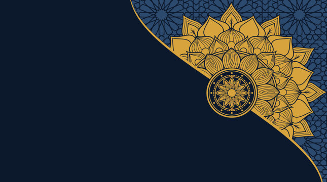 Sfondo elegante con design a mandala dorato su un motivo geometrico blu scuro, perfetto per inviti di lusso, biglietti di auguri, decorazioni festive e progetti grafici raffinati.