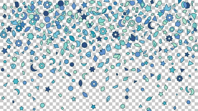 Fondo festivo con confeti de formas geom&eacute;tricas variadas en tonos azules y turquesas cayendo sobre un fondo transparente para celebraciones y eventos especiales