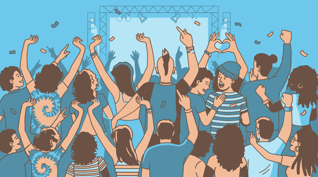 Ilustra&ccedil;&atilde;o vetorial de uma multid&atilde;o animada em um show de m&uacute;sica ao vivo, com pessoas dan&ccedil;ando, levantando as m&atilde;os e celebrando com confetes em um ambiente festivo e vibrante.