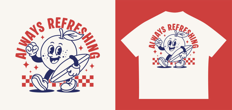 Retro cartoon orange surfer mascot with vintage typography and bold line art. Playful fruit character illustration for t-shirts, stickers, apparel, branding, prints, and merchandise