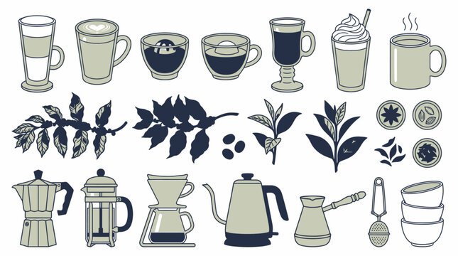 Colecci&oacute;n de iconos de caf&eacute; y t&eacute; con tazas, cafeteras, granos y hojas de plantas en estilo de ilustraci&oacute;n plana sobre fondo blanco, ideal para men&uacute;s de cafeter&iacute;as y dise&ntilde;o gr&aacute;fico.