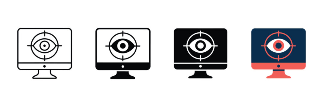 Cyber security monitoring icons, computer screen with eye target symbols, set of 4 digital surveillance and privacy protection vector assets