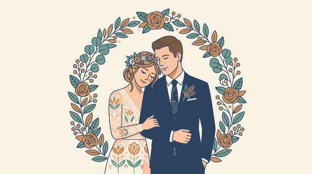 Ilustraci&oacute;n vectorial de una pareja de reci&eacute;n casados abrazados dentro de una elegante corona de flores y hojas, representando amor, compromiso y celebraci&oacute;n de boda en estilo art&iacute;stico.