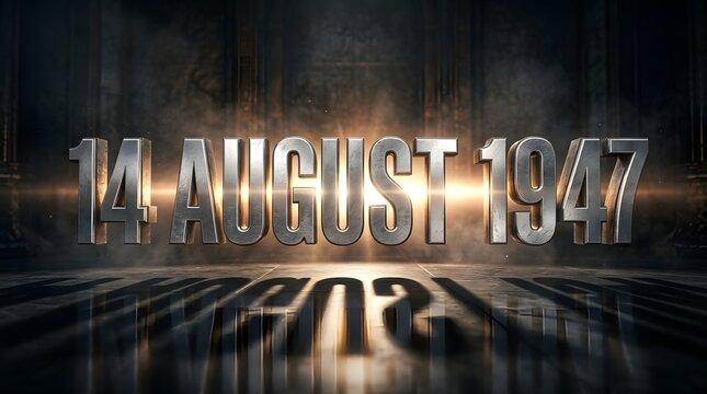 Metallic 3d text 14 august 1947 with dramatic lighting and reflection