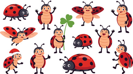 Cute ladybug cartoon mascot character vector set featuring happy ladybirds in various poses waving flying holding clover and wearing santa hat isolated on white background © Rumi