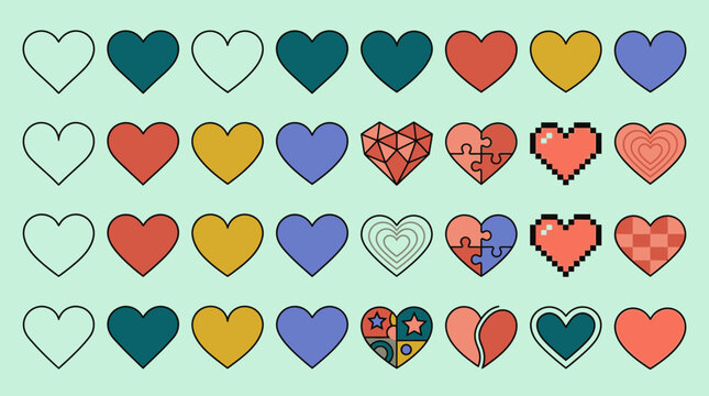 Una colecci&oacute;n de corazones de diferentes estilos, colores y texturas sobre un fondo verde claro, representando el amor y la diversidad.