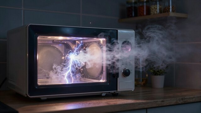 A damaged white microwave oven on a kitchen counter is malfunctioning, emitting bright electrical sparks inside while releasing thick smoke from the door.
