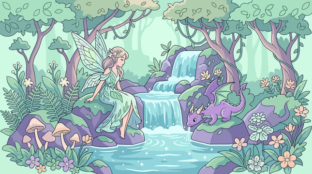 Una hada con alas de mariposa y un peque&ntilde;o drag&oacute;n morado en un bosque m&aacute;gico con cascada y flores.