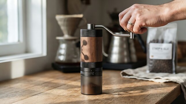 Hand grinding fresh coffee beans with a manual grinder on a wooden kitchen counter