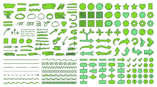 Ensemble complet d'&eacute;l&eacute;ments graphiques verts dessin&eacute;s &agrave; la main, incluant des fl&egrave;ches, des formes g&eacute;om&eacute;triques, des lignes de soulignement, des puces et des ic&ocirc;nes de diagramme de flux pour le design