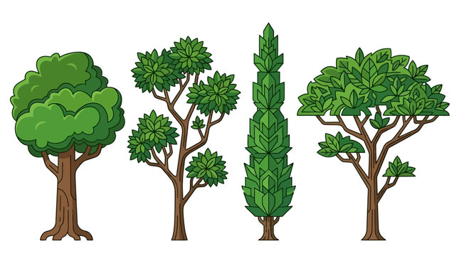 Conjunto de quatro &aacute;rvores estilizadas em design plano, apresentando diferentes formas de copas e texturas de troncos, ideal para ilustra&ccedil;&otilde;es de paisagens, design gr&aacute;fico e projetos ambientais.
