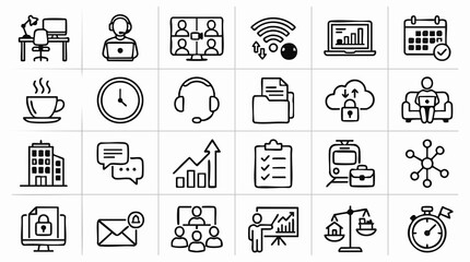 Fototapeta premium Business & Technology Line Icons: Office, Remote Work, Communication, Data