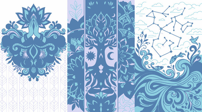 Ilustra&ccedil;&atilde;o vetorial decorativa com elementos espirituais em tons de azul, apresentando uma flor de l&oacute;tus, &aacute;rvore da vida, constela&ccedil;&otilde;es celestiais e padr&otilde;es fluidos de ondas e natureza.