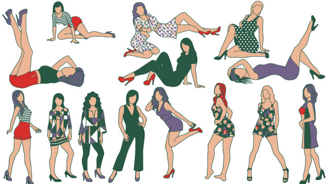Ensemble d'illustrations vectorielles de femmes dans diverses poses et tenues, style dessin au trait &eacute;pur&eacute;.