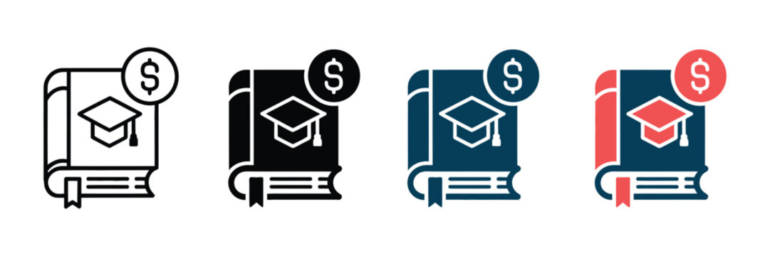 Education cost icon set, student loan and tuition fee symbols, academic book with dollar sign and graduation cap, 4 vector icons for school finance