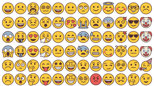 Una vasta collezione di emoji gialle con diverse espressioni facciali, che rappresentano un'ampia gamma di emozioni e sentimenti.