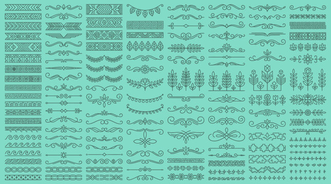 Collection de bordures et d'&eacute;l&eacute;ments d&eacute;coratifs vintage, ornements et s&eacute;parateurs pour la conception graphique.