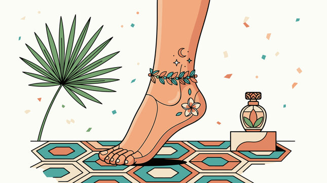Illustrazione stilizzata di un piede femminile con cavigliera floreale, tatuaggi e una bottiglia di profumo su un tappeto decorato.