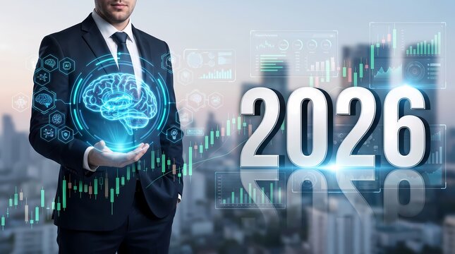 Artificial Intelligence Business Forecast 2026 Illustration. Digital Innovation and Future Technology Concept. Smart Investment and Economic Growth. Modern Corporate Design