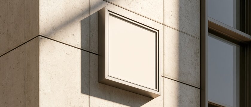 Blank square sign mounted on a modern building facade with shadows