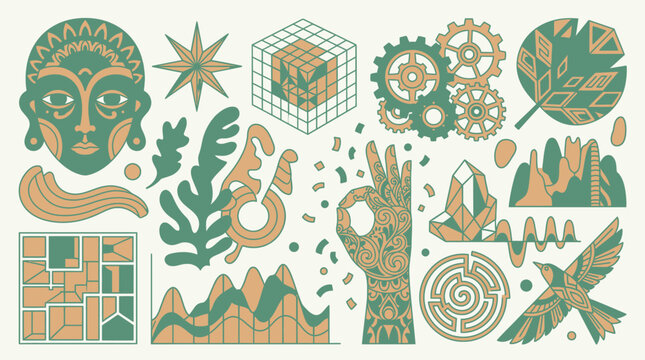 Cole&ccedil;&atilde;o de &iacute;cones abstratos e elementos gr&aacute;ficos com temas de arte, ci&ecirc;ncia, natureza e tecnologia em tons de verde e ocre.