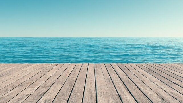 Wooden pier overlooking a tranquil blue ocean under a clear sky