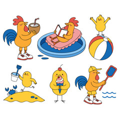 Cute summer rooster and chick coloring page collection with coconut drink pool float and beach activities cartoon vector set  © Aryan  ali