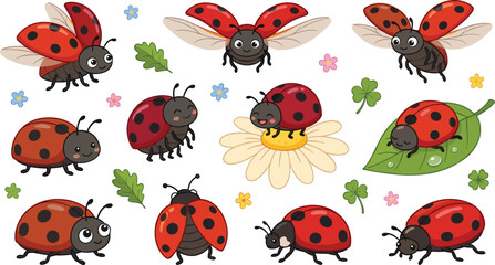 Cute ladybug cartoon character vector illustration set featuring happy ladybirds flying crawling sleeping on leaves and sitting on chamomile flower isolated on white background © Rumi