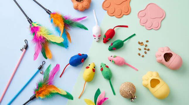 A delightful collection of colorful and playful cat toys, including feather wands, mice, and paw-shaped treats, arranged on a light blue and mint green pastel background