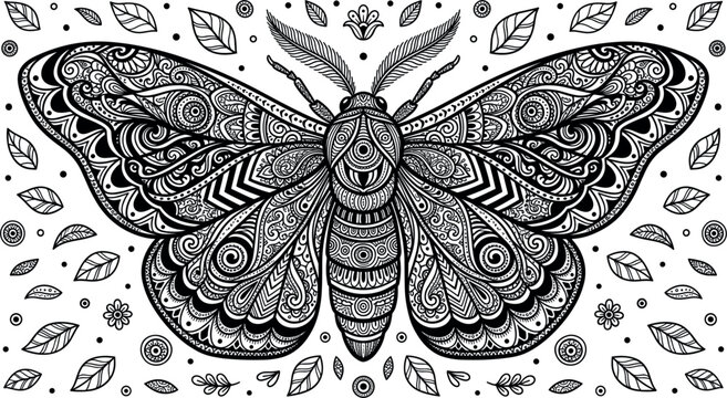 Intricate zentangle moth vector illustration featuring highly detailed doodle patterned wings surrounded by leaves for therapeutic adult anti stress coloring book pages.