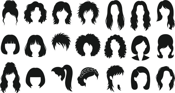 Women Hairstyles Silhouette Icon Set Featuring Modern Haircuts Long Curly Short and Fashion Hair Styles