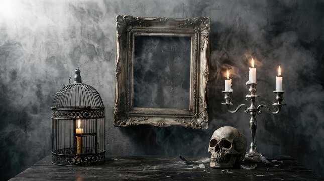 Haunted still life skull candles and ornate frame in dark gothic setting