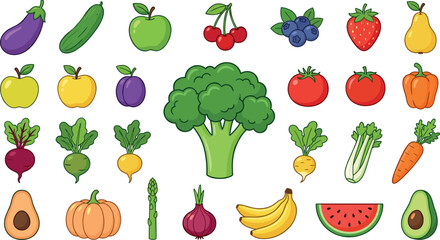 Comprehensive cartoon fruits and vegetables vector illustration collection set featuring a large broccoli stalk and healthy fresh organic garden produce. © MstBizly