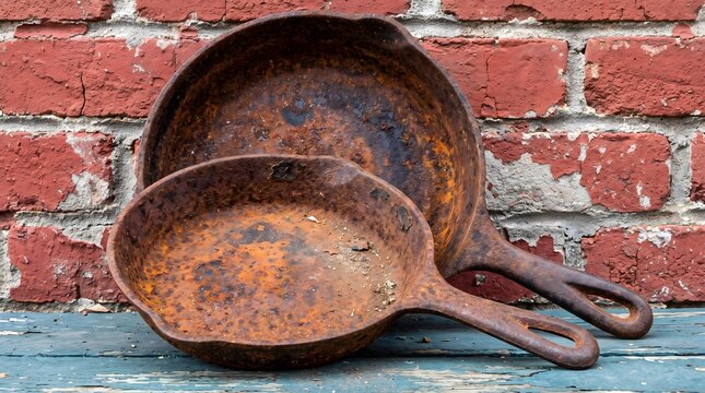 Rusted cast iron skillets leaning against a red brick wall