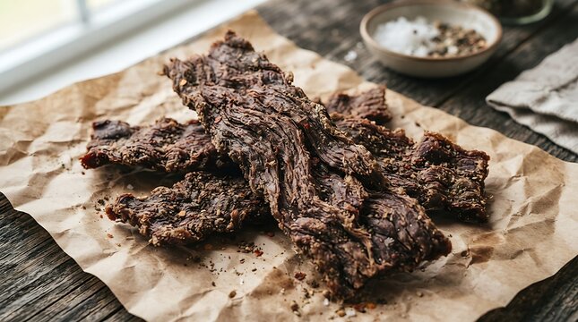 Savory dried beef jerky, a delicious and protein-rich snack seasoned with spices and served on rustic brown paper
