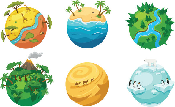 Ecosystem biomes and planet mini globes vector set featuring savanna tropical beach forest jungle volcano desert and arctic climate landscapes isolated on white background